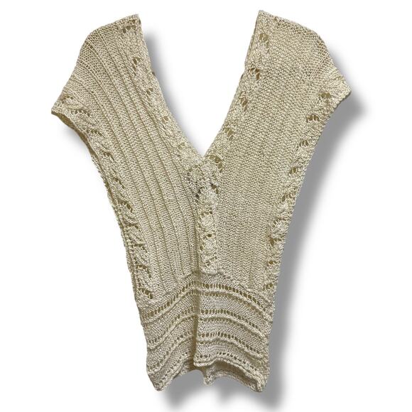 Amano Hand Knit Sweater Spain Open Weave Double V Neck Cream Small - Picture 3 of 6